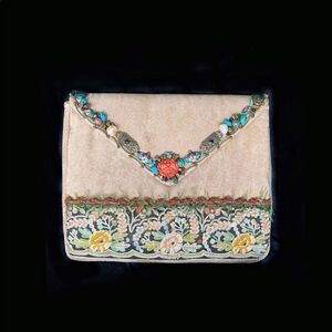Mary Frances suede embroidered Asian motif clutch